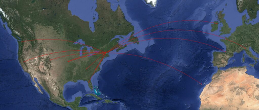 QSO map for this activation, superimposed on Google Earth web mercator satellite map without map annotations or border. Red lines with arrow ends arc away from a point in NH showing contacts made with stations in Northern Ireland, Italy, France, the Canary Islands, Washington state, California, Colorado, a smattering of stations across the Midwest and south, and some in the Northeast: the next map is a zoom in of that.