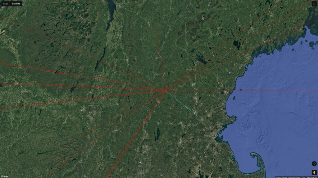 Zoom in of the above QSO map but focused on New England, showing nearby HF QSOs in New Hampshire, Vermont, and New York. A blue arrow points to a station in Nashua NH.